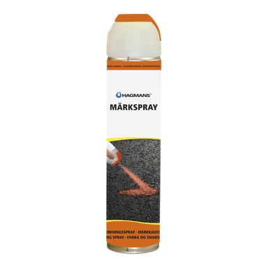 Puszka sprayu do znakowania Hagmans z nakrętką, z napisem MÄRKSPRAY oraz zdjęciem sprayu nakładanego na asfalt.