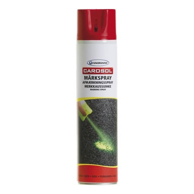 En röd och vit sprayburk märkt Hagmans Marking spray, med olika texter och en bild som visar grön spray appliceras på en mörk yta.