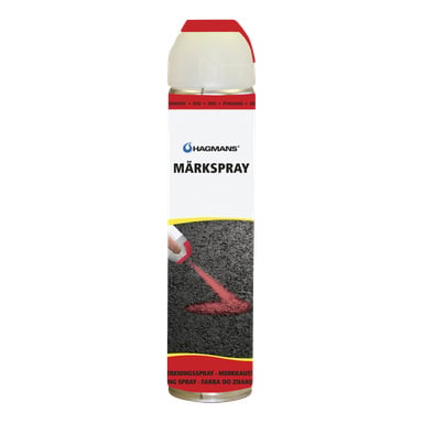 Ręka używająca puszki sprayu Hagmans Markering, by nałożyć linię czerwonej farby na asfalt.