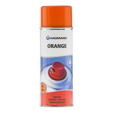 Hagmans sprayfärgsburk med orange lock, med texten ORANGE, RAL 2004, PREMIUM CHOICE och ORANGE ORANSSI • ORANGE POMARAŃCZOWY.