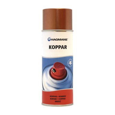 Purkki Hagmans Copper -suihketta, jossa oli kuparinvärinen korkki ja merkintä "copper" pohjan kohdalla.