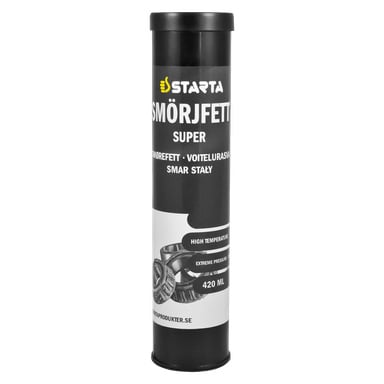 Et svart rør fra Starta-merket merket "Lubrication grease" inneholder 420 ml høytemperaturfett. Emballasjen viser bilder av mekaniske lagre og viser produktdetaljer.