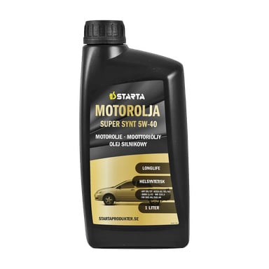 En svart 1-liters flaske Starta Fully Synthetic Engine Oil med gull- og svartetikett som viste produktdetaljer, en bilgrafikk og ordene "Longlife" og "HelSyntetisk."