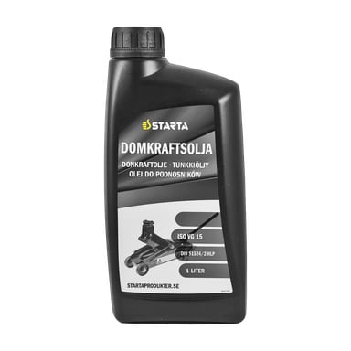 En 1-liters svart flaske Starta Jack-olje med etikett som viste produktdetaljer og et bilde av en jekk, inkludert spesifikasjoner som ISO VG 15 og DIN 51524/2 HLP.