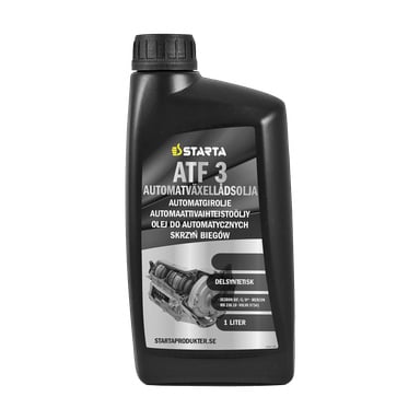 En svart 1-liters flaske med Starta Automatic girolje ATF 3, som viser en bilgirgrafikk og merking som identifiserer den som automatgirolje.