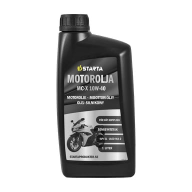 En svart 1-liters flaske Starta Motorbike MC-X 10W-40 semisyntetisk motorolje for motorsykler. Etiketten viser produktinformasjon og inkluderer et bilde av en motorsykkel på svart og grå bakgrunn.