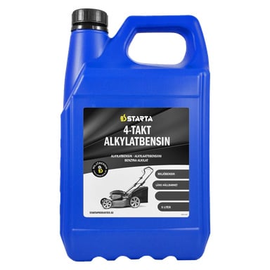En blå 5-liters plastkanne med Starta 4-takts alkylatbensin, med en etikett som viser en gressklippergrafikk sammen med ikoner som fremhever miljøvennlighet og lang holdbarhet.