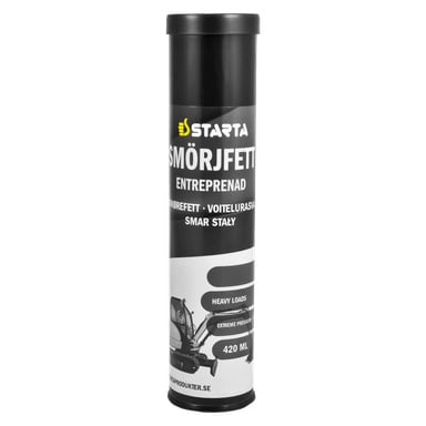 Et 420 ml svart rør med Starta Lubrication-fett for tunge lass, med detaljert produktinformasjon og et bilde av anleggsmaskiner.