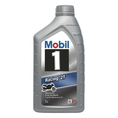 En grå 1-liters flaske med Mobil 2T Racing totaktsolje, med Mobil-logoen, et bilde av en motorsykkel og ulike produktdetaljer på etiketten.