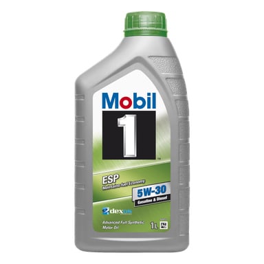 En grå 1-liters Mobil 1 ESP Formula motoroljeflaske fra Mobil, beregnet for bensin- og dieselmotorer, med grønt lokk og grønn etikett som viser produktdetaljer og merkevare.