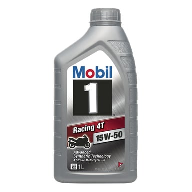 En 1-liters grå plastflaske Mobil Engine Oil Racing 4T GSP med skrukork og etikett som viste produktinformasjon sammen med et bilde av en motorsykkel.