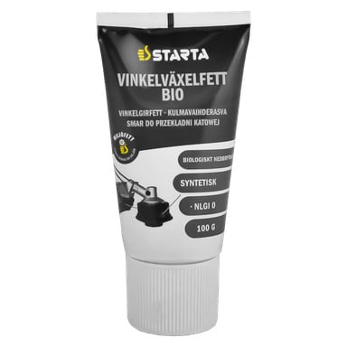 Et hvitt og svart rør merket Starta Angle girfett har ulike tekster, ikoner og en illustrasjon av mekaniske tannhjul. Emballasjen viser at produktet er syntetisk, biologisk nedbrytbart og veier 100 gram.