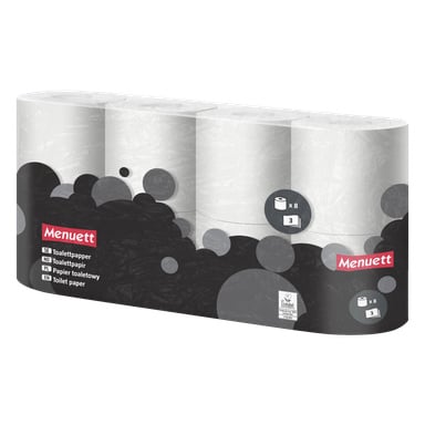 En åtte-pakning med Menuett toalettpapir i plastemballasje merket med Toalettpapir, Toalettpapir, Papier toaletowy og Toalettpapir.