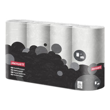 Ett fyrpack Menuett Kitchen-papper i ett genomskinligt plastpaket med svart grafik.
