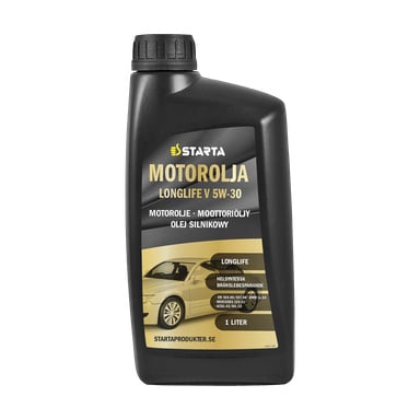 En svart 1-liters flaske med Starta Engine-olje Long Life V, med en gul-hvit etikett som viste tekst, et bilde av en beige bil, og avsluttet med en svart kork.