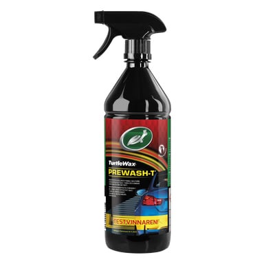 En svart Turtle Wax Prewash-T sprayflaska med en grön och gul etikett som visar bilens bakdel och noterar den som testvinnare.