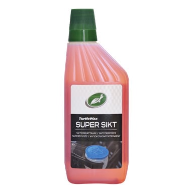En plastflaska märkt Turtle Wax Sight Improver Supersikt innehåller rosa vätska. Etiketten visar en vindruta med spolarvätska och produktdetaljer. Flaskan har en grön kork.