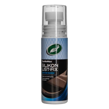 En flaska Turtle Wax Silikon List-Fix Winter Range med inbyggd applikator och en blå och svart etikett med text.