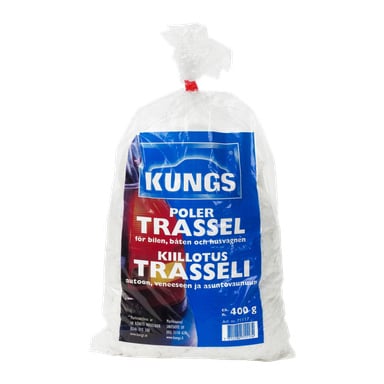 Przezroczysta plastikowa torba z napisem Kungs Polishing odpady bawełniane, wypełniona 400g bawełnianej włóczki przeznaczonej do polerowania pojazdów, takich jak samochody, łodzie i kampery. Etykieta zawiera informacje o produkcie oraz dane kontaktowe producenta.