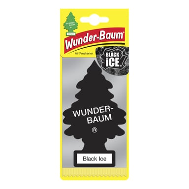En treformet Wunder Baum luftfrisker i svart, merket Black Ice, vises inne i gul emballasje med merking langs toppen og et gjennomsiktig vindu som avslører produktet.
