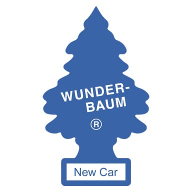 En blå, treformet luftfrisker fra Wunder Baum® med en nederst hvor det står "New Car."
