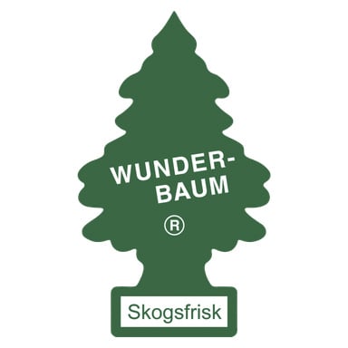 En grønn, treformet bilfrisker fra Wunder Baum med merkenavnet og ® symbolet i hvitt over midten, med "Skogsfrisk" i en hvit boks nederst.
