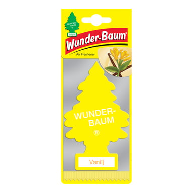 En gul, trädformad Wunder-Baum-luftfräschare märkt "Vanilj", med en gul blomma och vaniljpinnar på förpackningen.