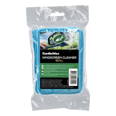 En pakke med fem blå Turtle Wax Microfiber-kluter Windscreen Cleaner, med en etikett med instruksjoner og en strekkode.
