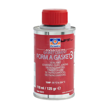 En metallburk med Permatex Aviation Form-A-Gasket No. 3 packningspasta med röd skruvlock. Frametiketten innehåller produktdetaljer, kvantitet och angiven temperaturområde.