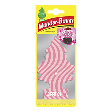 En treformet Wunder Baum-billuftfrisker i rosa og hvite virvler, merket Bubble Gum-duft, er forseglet i gul emballasje. En grafikk av tyggegummimaskinen vises øverst til høyre på pakken.