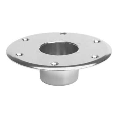Kayoba Marine Fastener o okrągłym metalowym kształcie, centralnym cylindrycznym otworem i sześciu równomiernie rozmieszczonymi otworami na śruby wokół obwodu.