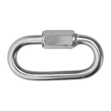 Szczegółowe zbliżenie linka Kayoba Marine Quick-release pokazuje owalne metalowe złącze z blokadą śrubową i polerowaną metalową powierzchnią.