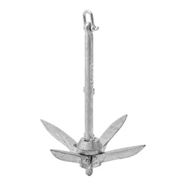 Kotwica Kayoba Marine Grapnel z czterema rozłożonymi metalowymi płetwami stoi pionowo. Trzonk ma pętlę na górze, przeznaczoną do zabezpieczenia liny lub łańcucha.