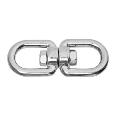 Et nærbilde av Kayoba Marine Swivel, som viser to ovale lenker forbundet med en sentral roterende del.