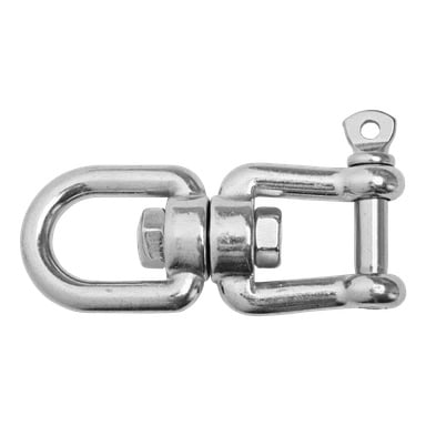 Et detaljert bilde av Kayoba Marine Swivel viser skruepinnen og jevnt buede ender, ideelt for rigging eller sikker rotering av tunge gjenstander.