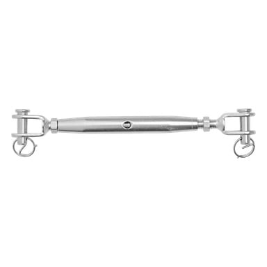 En Kayoba Marine Turnbuckle med en sylindrisk metallkropp, som viser gjengede ender på begge sider – en høyre- og en venstrehåndstråd – hver festet til en clevis og sikret med splittstifter. Turnbucklen ligger horisontalt.