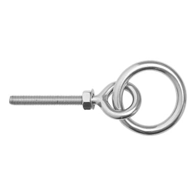 En Kayoba Marine Eyebolt med gjengeaksel og en sekskantmutter plassert nær bunnen av den store sammenlåste sirkulære ringen.
