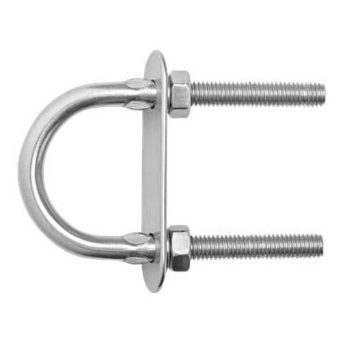 En Kayoba Marine U-bolt med flat monteringsplate vises, med to gjengede ender utstyrt med sekskantmuttere.