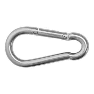 Esillä on Kayoba Marine Snap -koukku, jossa on kiiltävä hopeinen metallipinta ja soikea muoto. Siinä on jousikuormitteinen portti tavaroiden turvalliseen kiinnittämiseen tai leikkaamiseen.