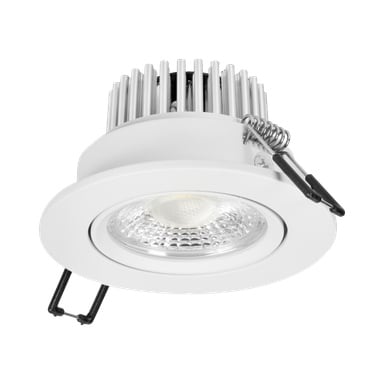 Markslöjd Hera är en infälld LED-downlight med vit cirkulär list, metallkylflänsar på toppen och två svarta fästen kopplade till fjädrar för enkel takinstallation.