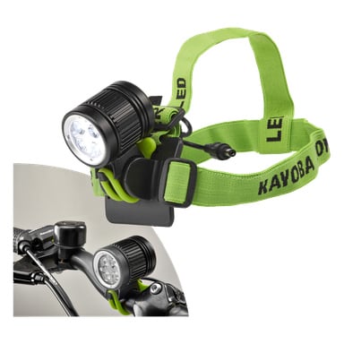 Lampa Kayoba Multisport z czarną lampą czołową LED z jaskrawozielonym regulowanym paskiem, pokazana z pasującym światłem zamontowanym na kierownicy roweru.