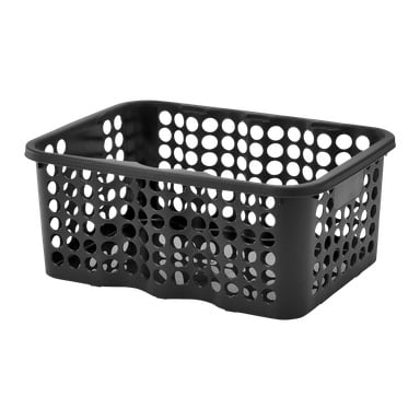 En rektangulær svart plastkurv fra Nordiska Plast, med runde hull på alle sider, vises tom.