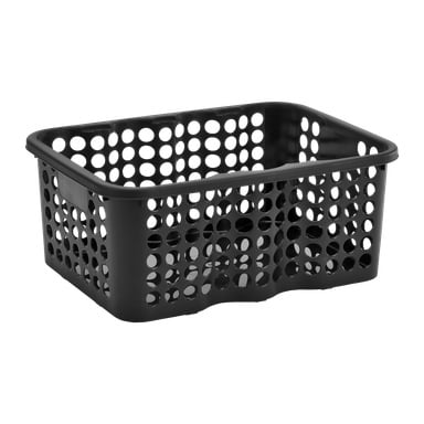 En svart plast Nordiska Plast oppbevaringskurv med rektangulært design og store runde hull på sidene.