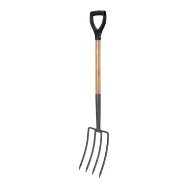 Widły Hard Head Garden mają czarną rączkę w kształcie litery D, jasny drewniany trzon oraz metalową głowicę z czterema ząbkami.