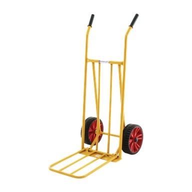 Żółty metalowy wózek ręczny Hörby Bruk Warehouse Barrow, P3 PFG, z platformą załadunkową, dwoma kołami w czerni i czerwieni, czarnymi uchwytami oraz solidną ramą do przewozu towarów.
