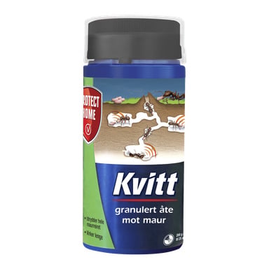 En blå og svart beholder med Protect Home Ant Killer Baythion® I med en illustrasjon av maur i et rede på etiketten. Etiketten sier at det er granulert agn designet for å kontrollere maur.