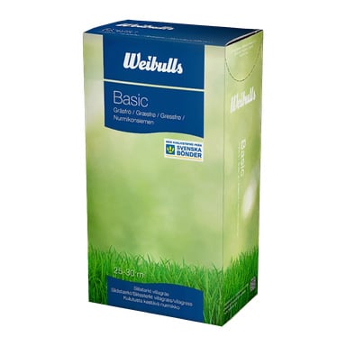 En rektangulär låda med Weibulls Grass Seeds Basic, tillräckligt för 25–30 m², med en blå och grön design, bilder av gräs och produktdetaljer på olika språk på förpackningen.