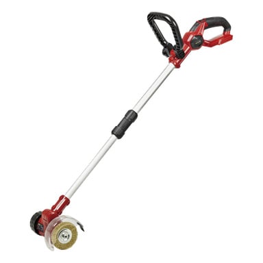 En Meec Tools Multiseries Paving Scraper PW-18V HOME 300 med sladdlös röd och svart kropp, förlängd silveraxel, ergonomiskt öglahandtag och ett cirkulärt stålborsthuvud i spetsen, designad för effektiv rengöring eller förberedelse av ytor.