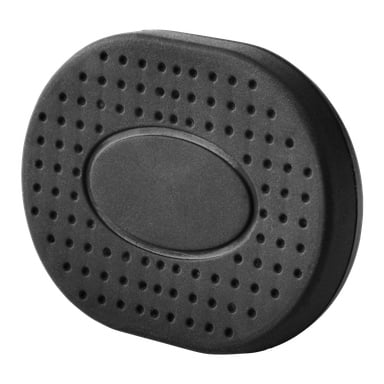 En svart oval Marquant Magnetic Universal Holder med glatte, avrundede kanter og et mønster av små, jevnt fordelte hull over overflaten. I midten er det en hevet, solid oval uten hull.