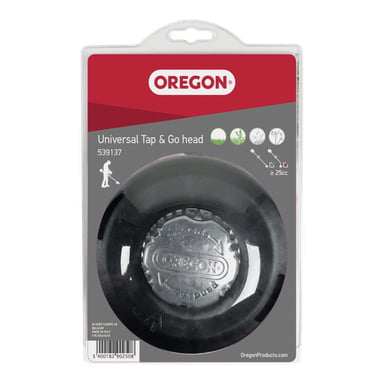 Głowica trymera Oregon Tap&Go jest umieszczona w przezroczystym plastikowym opakowaniu blistrowym z czerwono-białą etykietą. Opakowanie zawiera ikony pokazujące, że można go używać do koszenia trawy i zarośli.